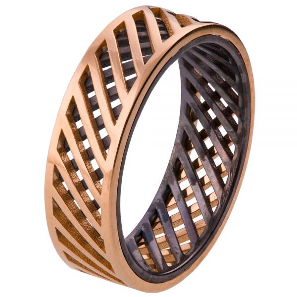 טבעת ייחודית לגבר עשויה משילוב של זהב אדום וכסף מושחר Grid #3 טבעות נישואין