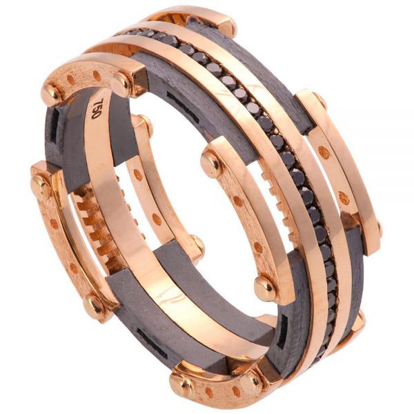 טבעת בעיצוב ארכיטקטוני עשויה זהב אדום וכסף, משובצת יהלומים שחורים – RBNG3D טבעות נישואין