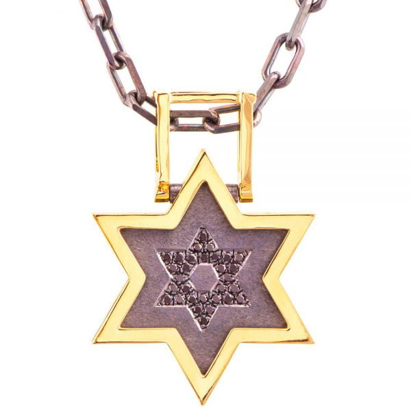 שרשרת מגן דוד ייחודית עשויה זהב צהוב וכסף מושחר ומשובצת יהלומים קטלוג