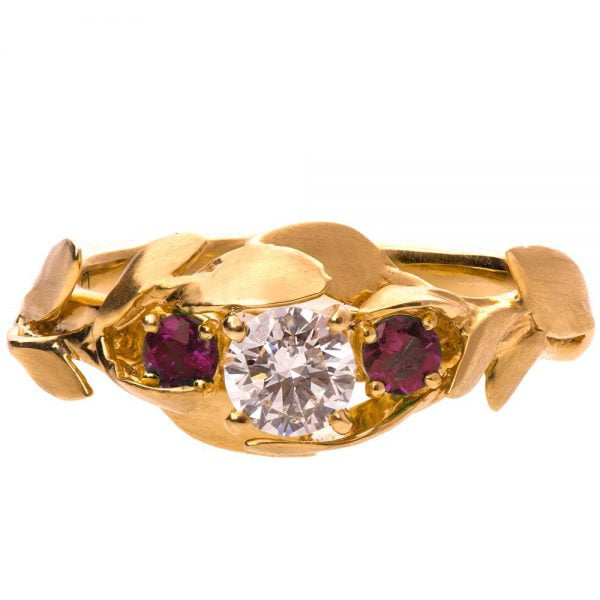 Leaves Engagement Ring #8 Yellow Gold and Moissanite and Rubies Catalogue