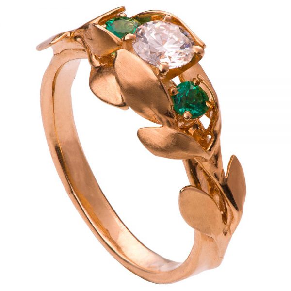 Leaves Engagement Ring #8 Rose Gold and Moissanite and Emeralds Catalogue