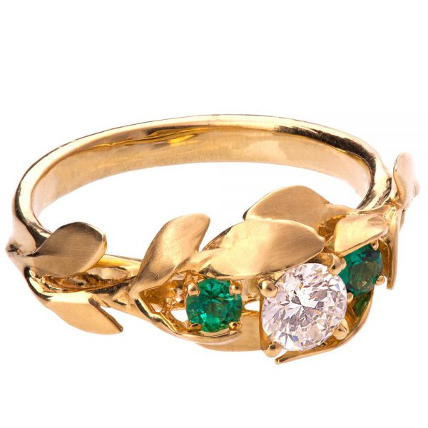 Leaves Engagement Ring #8 Yellow Gold and Moissanite and Emeralds Catalogue