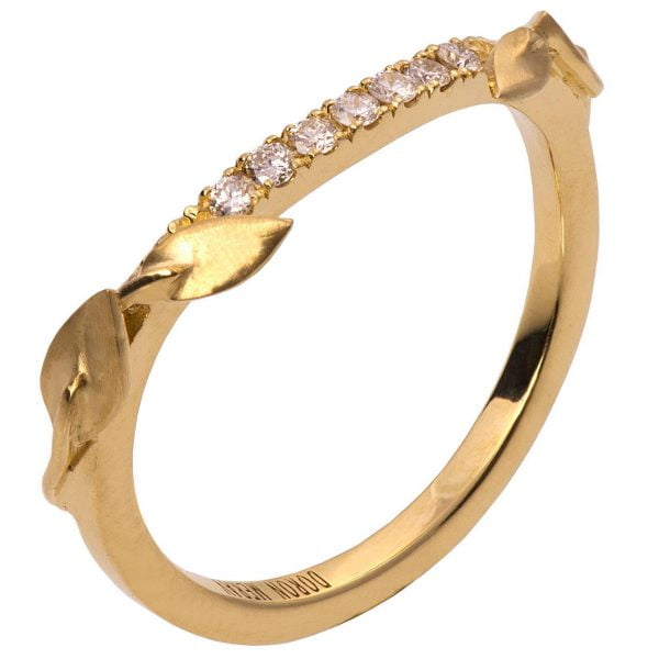 טבעת עלים אלגנטית משובצת יהלומים עשויה זהב צהוב LEAVES #3 טבעות נישואין