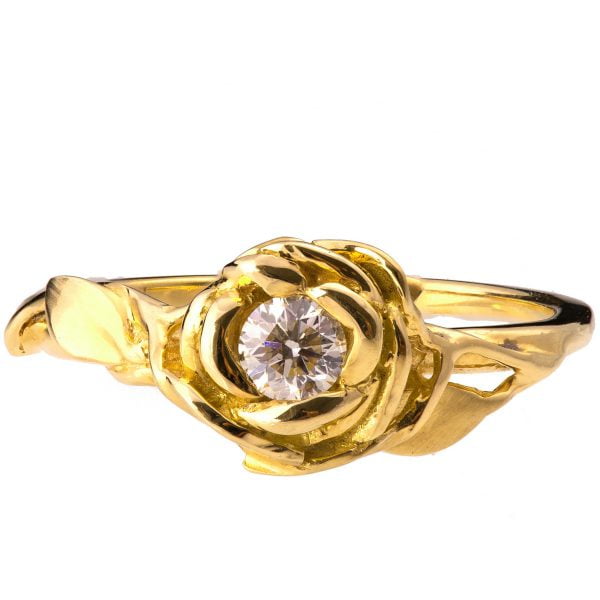 טבעת אירוסין פרחונית זהב צהוב משובצת מואסניט Rose #4 טבעות אירוסין
