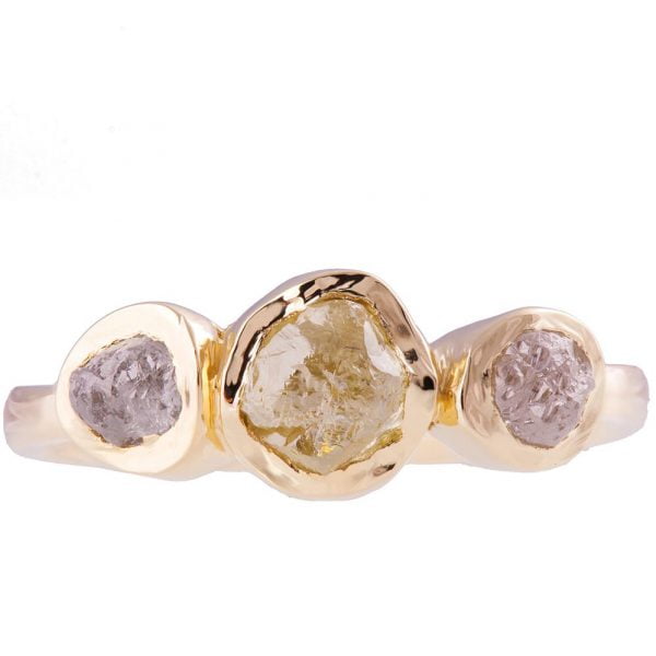Raw Diamond Three Stone Engagement Ring Yellow Gold Catalogue