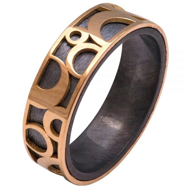 טבעת לגבר בעיצוב מודרני עשויה זהב אדום וכסף מושחר טבעות נישואין