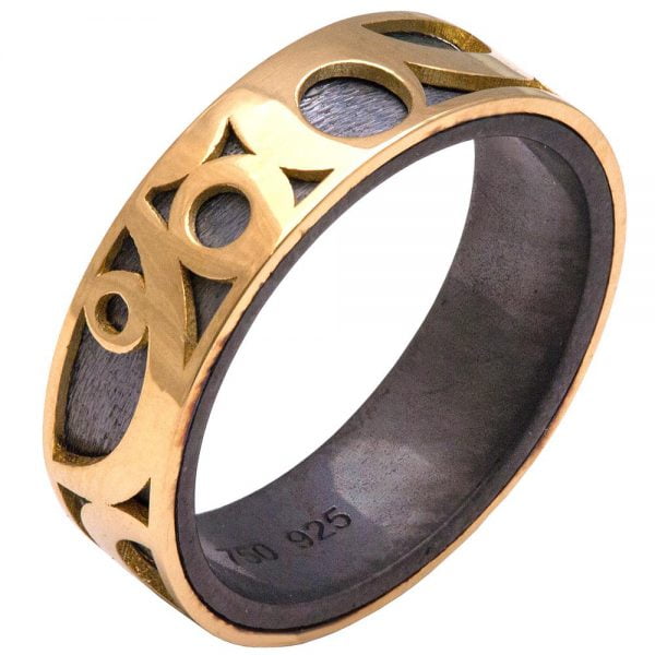 טבעת לגבר בעיצוב מודרני עשויה זהב לבן וכסף מושחר טבעות נישואין
