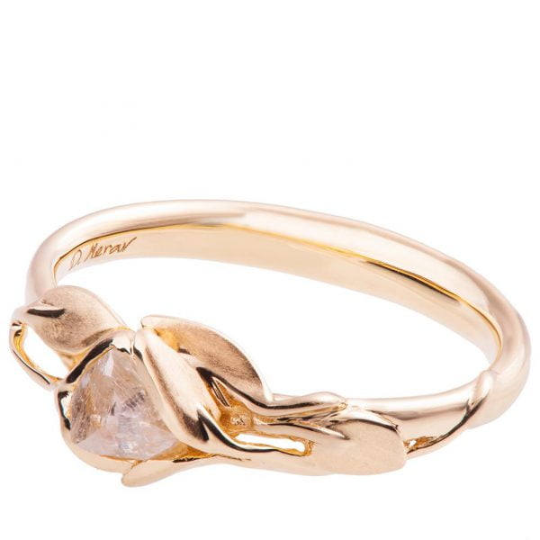 טבעת אירוסין בסגנון עלים משובצת יהלום גולמי עשויה זהב אדום leaves#6 טבעות אירוסין