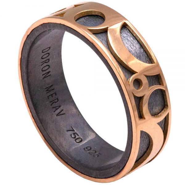 טבעת לגבר בעיצוב מודרני עשויה זהב אדום וכסף מושחר טבעות נישואין