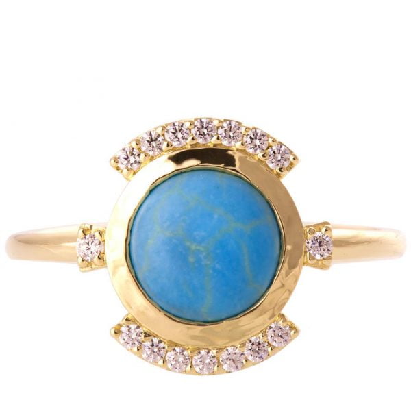טבעת אירוסין משובצת אבן טורקיז ויהלומים עשויה זהב אדום טבעות אירוסין