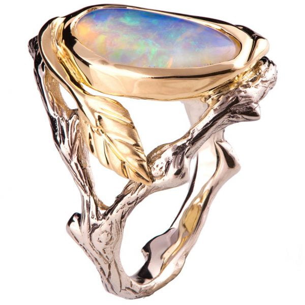טבעת אירוסין משובצת אופל אוסטרלי בהשראת הטבע עשויה זהב לבן וצהוב twig#8 טבעות אירוסין