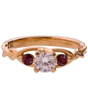 Braided Three Stone Engagement Ring Rose Gold Diamond and Rubies 7T Catalogue