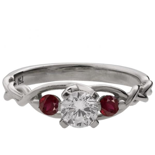 Braided Three Stone Engagement Ring Platinum Diamond and Rubies 7T Catalogue