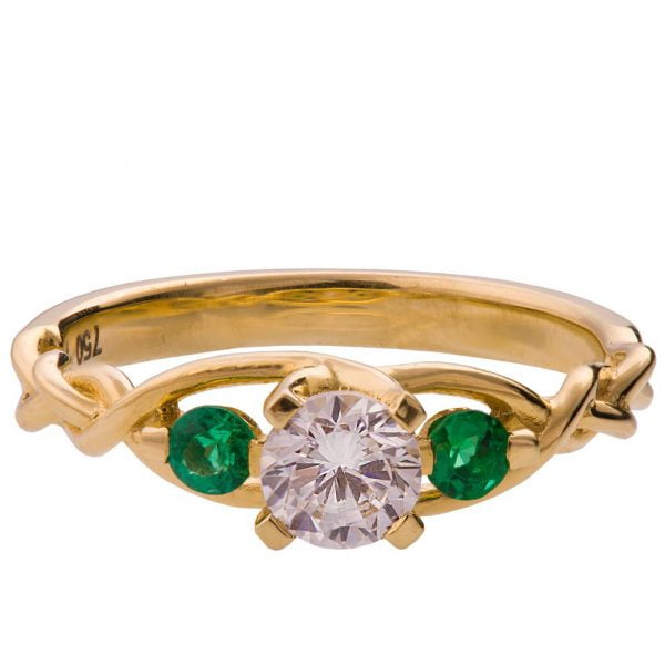 Braided Three Stone Engagement Ring Yellow Gold Diamond and Emeralds 7T Catalogue