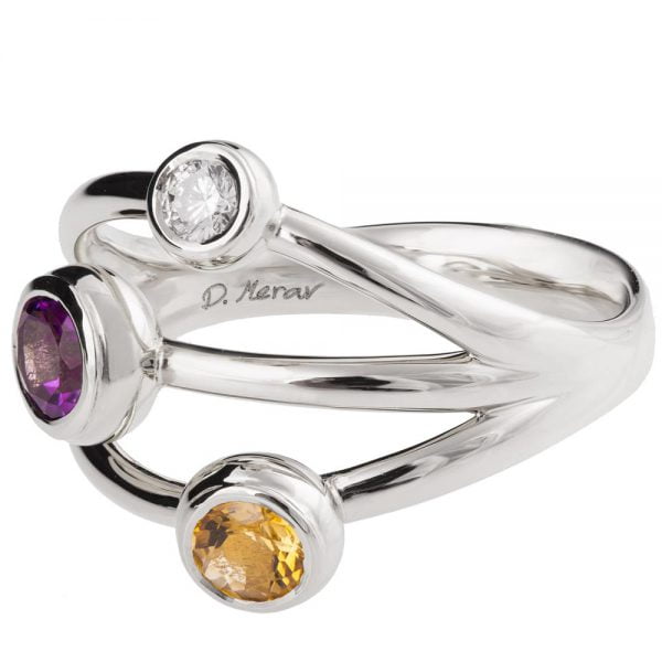 טבעת בעיצוב מודרני עשויה זהב לבן משובצת באבני חן ויהלום R023 טבעות אירוסין