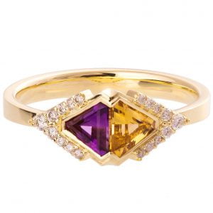 טבעת אלגנטית בשיבוץ יהלומים ואבני חן טבעיות עשויה זהב צהוב #R026 טבעות אירוסין