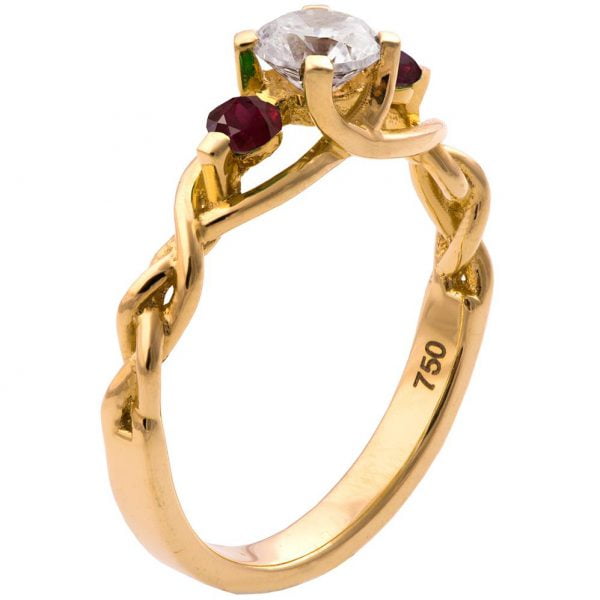 טבעת אירוסין קלועה עשויה זהב צהוב ומשובצת יהלום ואבני רובי Braided #7T טבעות אירוסין