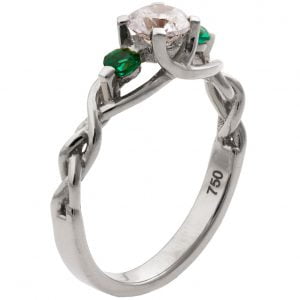 White Gold Braided Three Stone Diamond and Emeralds Engagement Ring