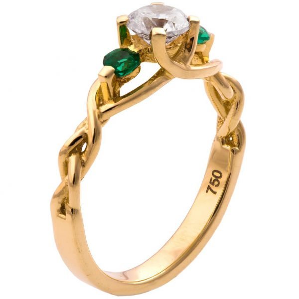 Braided Three Stone Engagement Ring Yellow Gold Diamond and Emeralds 7T Catalogue