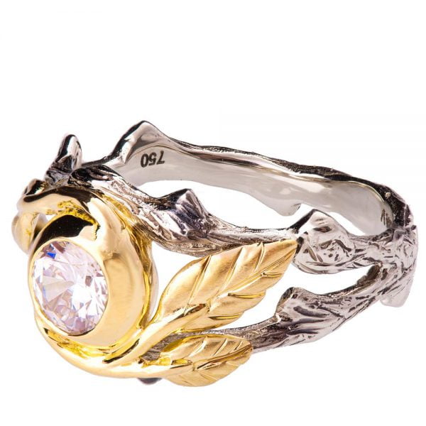 טבעת אירוסין בהשראת הטבע עשויה זהב לבן וצהוב משובצת מואסניט – TWIG #8 טבעות אירוסין