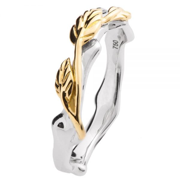 טבעת עלים מעודנת עשויה זהב צהוב ולבן בגימור טבעי  -Twig & Leaves 7 טבעות נישואין