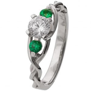 Braided Three Stone Engagement Ring White Gold Diamond and Emeralds