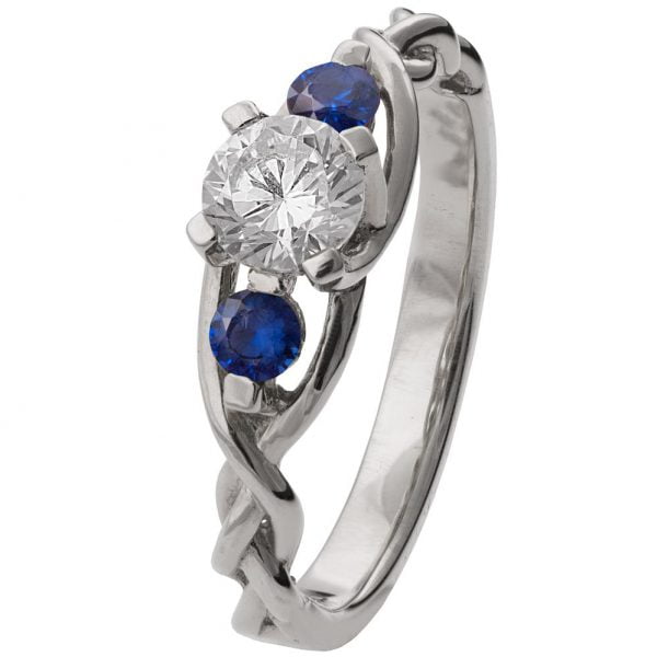 Braided Three Stone Engagement Ring Platinum Diamond and Sapphires 7T Catalogue