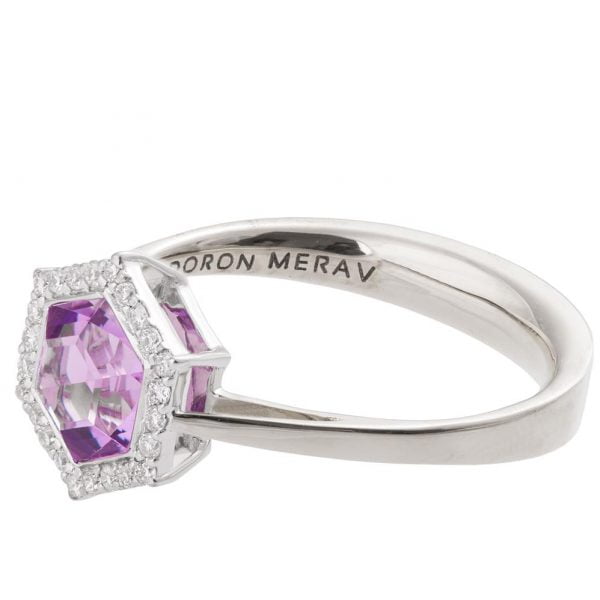 Art Deco Hexagon Engagement Ring White Gold and Amethyst R018 Catalogue