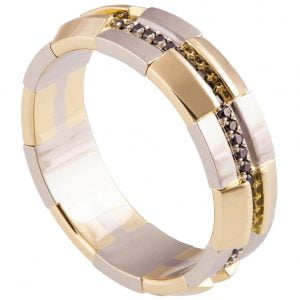טבעת נישואין לגבר עשויה זהב צהוב ולבן, משובצת יהלומים שחורים – RBNG19 טבעות נישואין