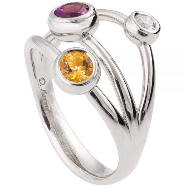 טבעת בעיצוב מודרני עשויה זהב לבן משובצת באבני חן ויהלום R023 טבעות אירוסין