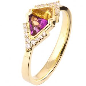טבעת אלגנטית בשיבוץ יהלומים ואבני חן טבעיות עשויה זהב צהוב #R026 טבעות אירוסין