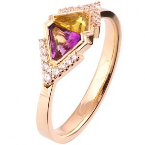 טבעת אלגנטית בשיבוץ יהלומים ואבני חן טבעיות עשויה זהב אדום #R026 טבעות אירוסין