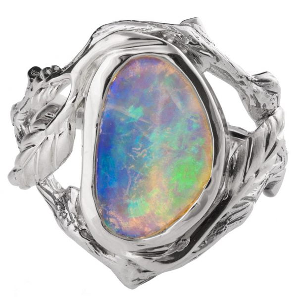 Twig and Leaf Australian Opal Engagement Ring White Gold