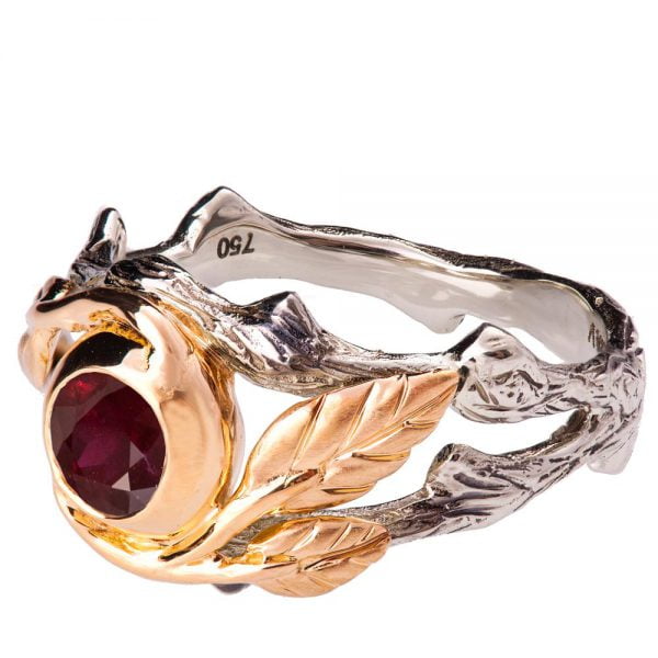 טבעת אירוסין בהשראת הטבע עשויה זהב לבן ואדום ומשובצת באבן רובי TWIG #8 טבעות אירוסין