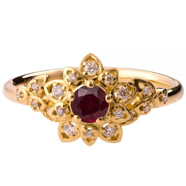 Flower Engagement Ring Yellow Gold and Ruby 2B Catalogue