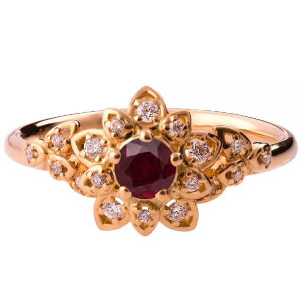 Flower Engagement Ring Rose Gold and Ruby 2B Catalogue