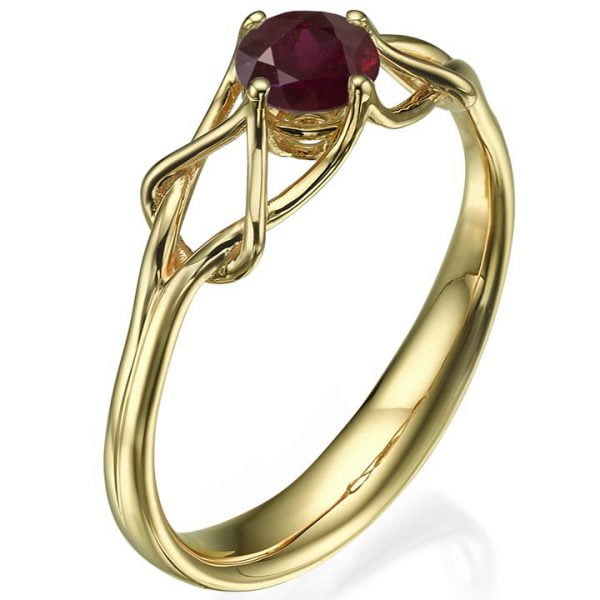 טבעת אירוסין עדינה בסגנון קלטי עשויה זהב צהוב ומשובצת אבן רובי ENG#10 טבעות אירוסין