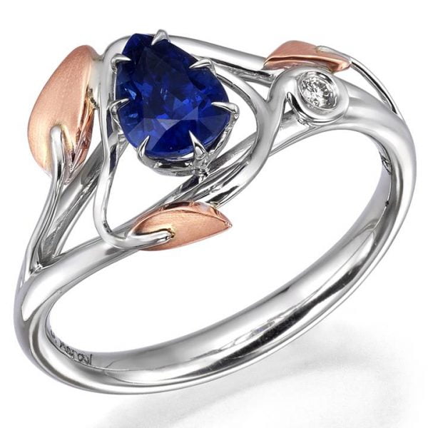 Leaves Engagement Ring Two Tone Rose Gold and Pear Cut Sapphire