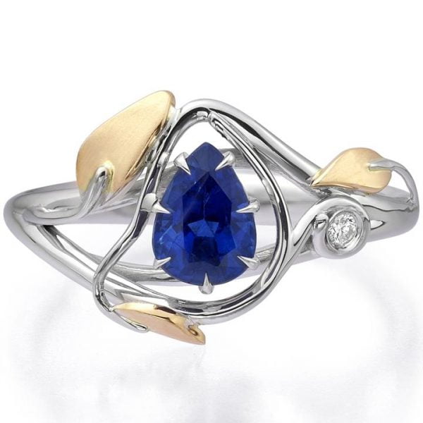 Leaves Engagement Ring Two Tone Yellow Gold and Pear Cut Sapphire Catalogue