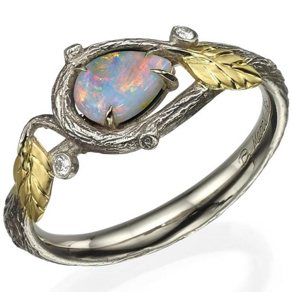 Yellow Gold Twig and Leaves Pear Opal Ring