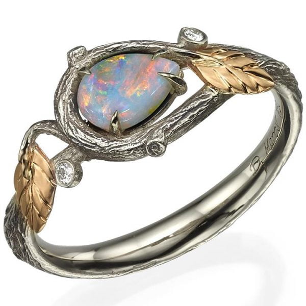Pear Opal Twig and Leaves Ring Rose Gold