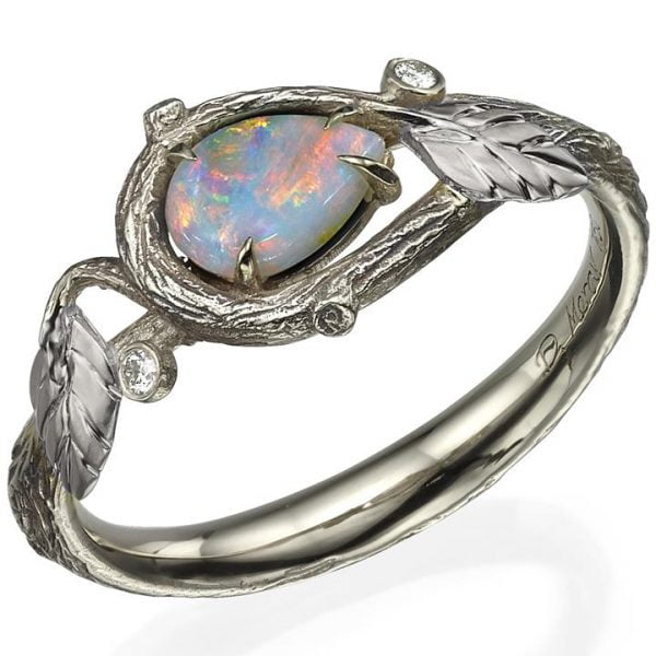 White Gold Twig and Leaves Pear Opal Ring
