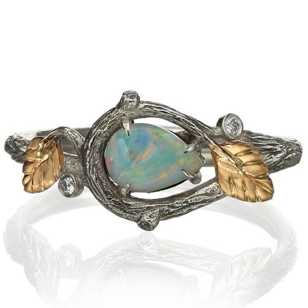 Twig and Leaves Pear Opal Ring Rose Gold