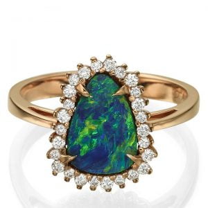 black opal ring surrounded with halo of white diamonds