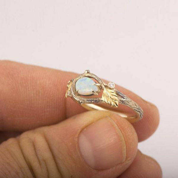 Twig and Leaves Pear Opal Ring White Gold Catalogue