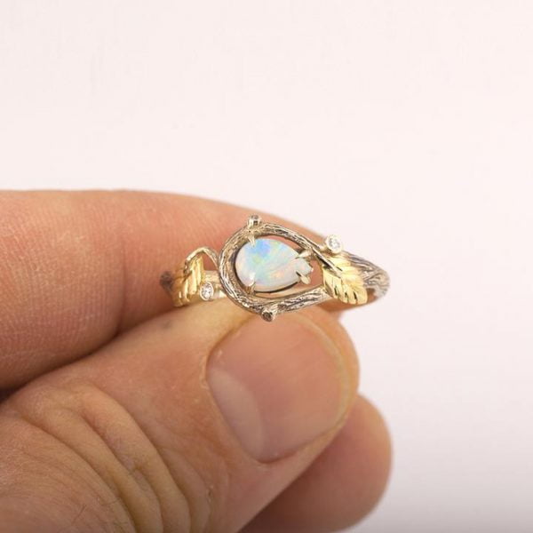 Twig and Leaves Pear Opal Ring Platinum Catalogue