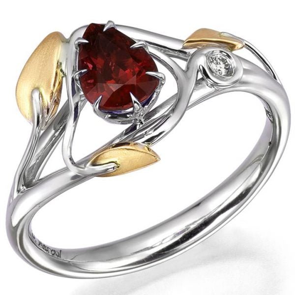 Leaves Engagement Ring Two Tone Yellow Gold and Pear Cut Ruby Catalogue