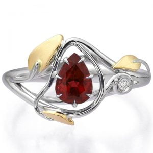 Leaves Engagement Ring Two Tone Yellow Gold and Pear Cut Ruby Catalogue