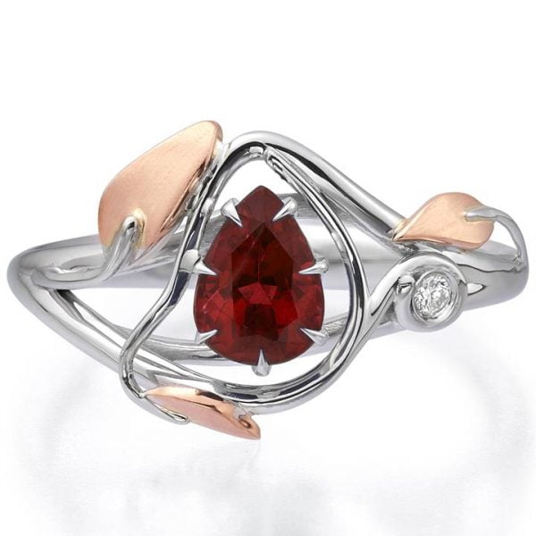Leaves Engagement Ring Two Tone Rose Gold and Pear Cut Ruby Catalogue