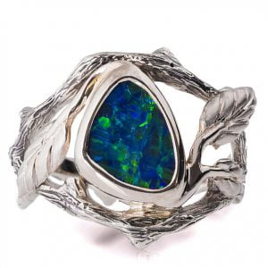 Twig and Leaf Black Opal Engagement Ring White Gold